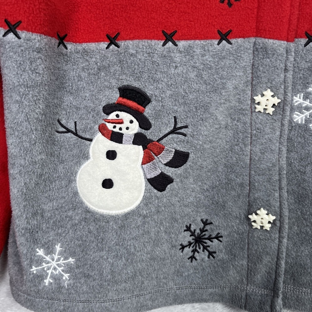 Vintage Christmas Cardigan Button Sweater L Fleece Red Gray Snowman Ski Grandma - Picture 4 of 11